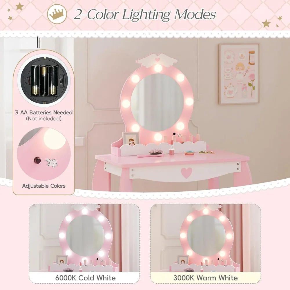 Lighted Mirror Kids Makeup Vanity Set With Stool And Storage