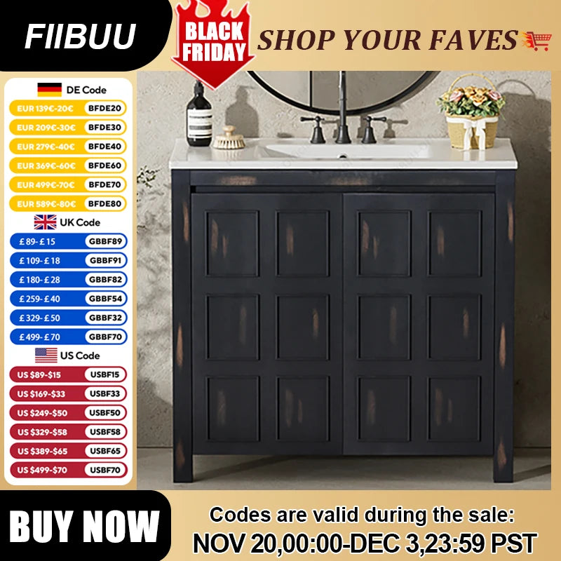 FIIBUU Bathroom Vanity Cabinet Solid Wood With Ceramic Sink Basin