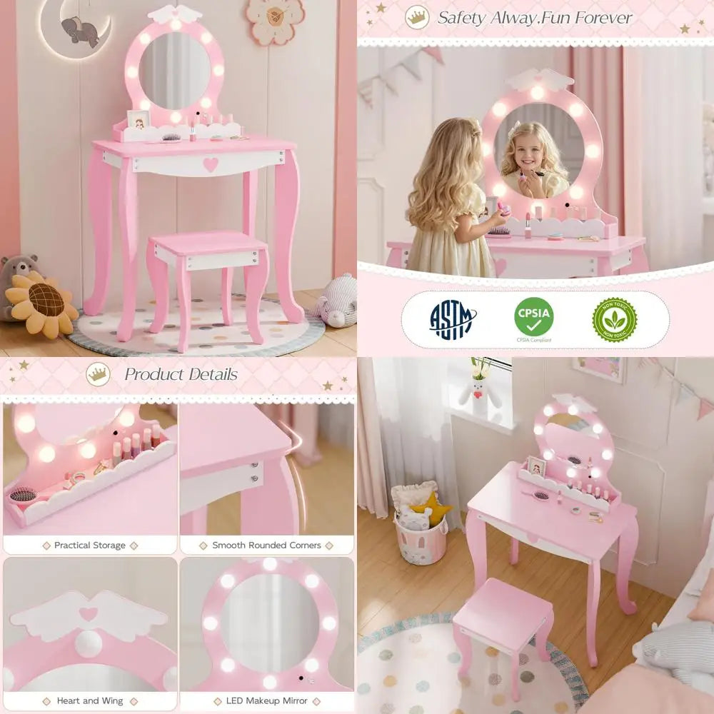Lighted Mirror Kids Makeup Vanity Set With Stool And Storage