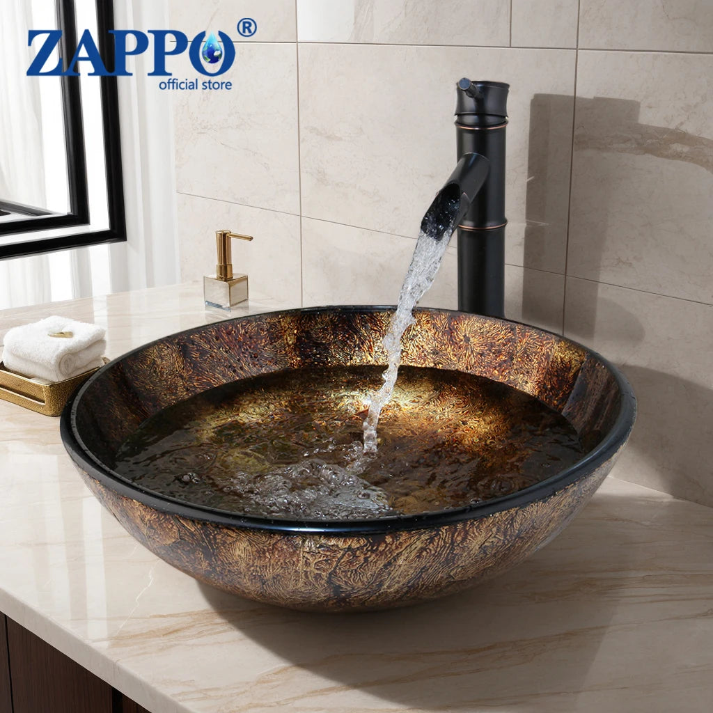 Torayvino Round Glass Vessel Sink With Waterfall Faucet Set