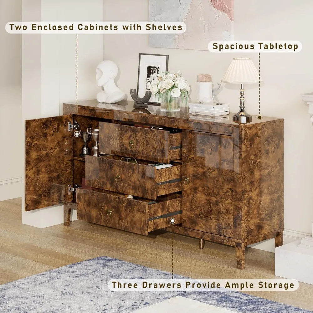 Mid Century Burl Wood Buffet Sideboard With Three Drawers