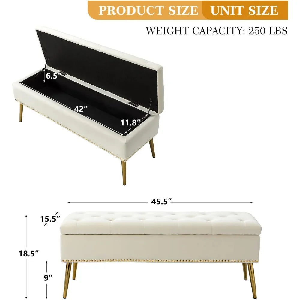 Velvet Storage Ottoman Bench With Base And Nailhead Trim