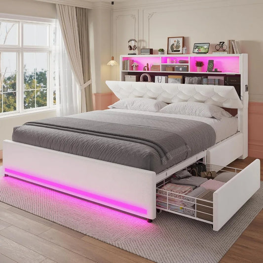Bed Frame With Bookcase Headboard LED Lighting And Storage Drawers
