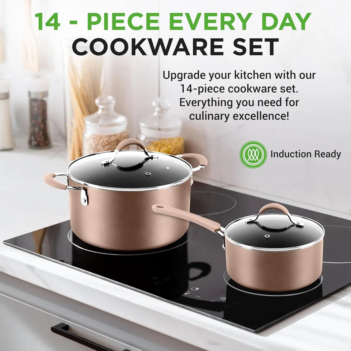 PGYH 14 Piece Non Stick Kitchen Cookware Set With Lids