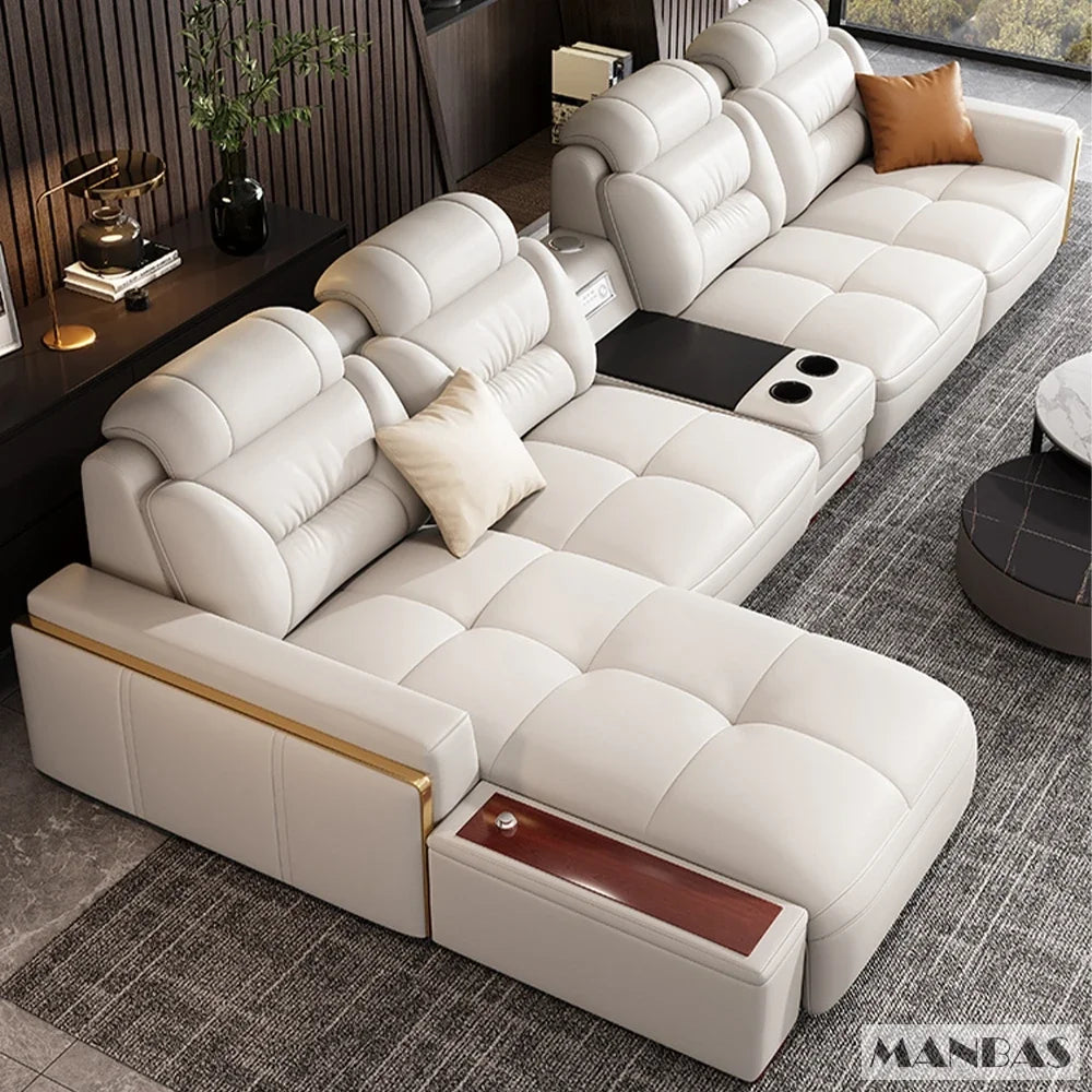 MANBAS Italian Genuine Leather L-Shaped Sectional Sofa Set USB