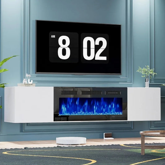 Wall Mounted Floating TV Stand With Electric Fireplace Entertainment Center