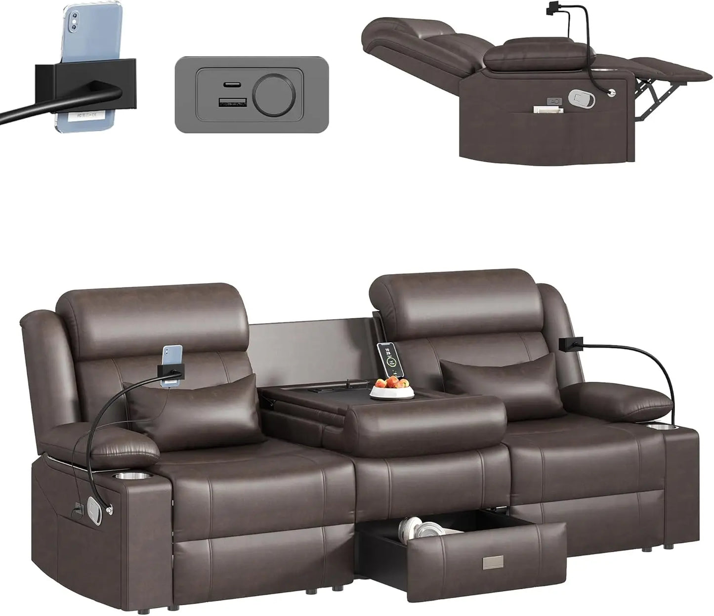 Leveleve Home Theater Seating Reclining Sofa With USB Type-C