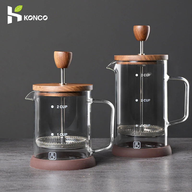 French Press Coffee Pot With Black Walnut And Borosilicate Glass