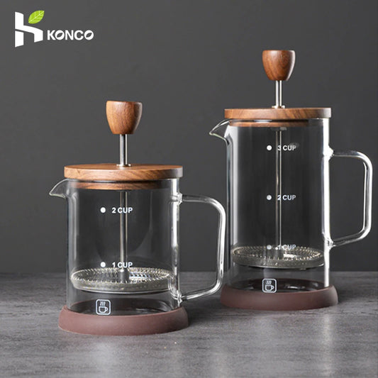 French Press Coffee Pot With Black Walnut And Borosilicate Glass