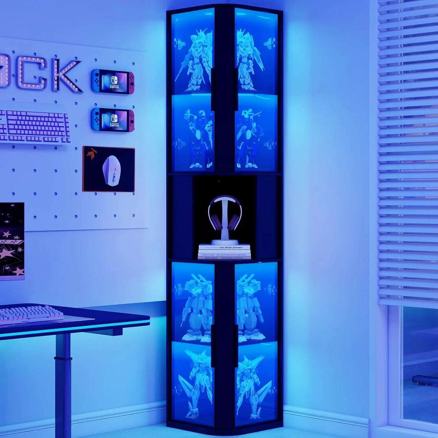 Glass Display Cabinet With Lighting Five Tier Curio For Collectibles