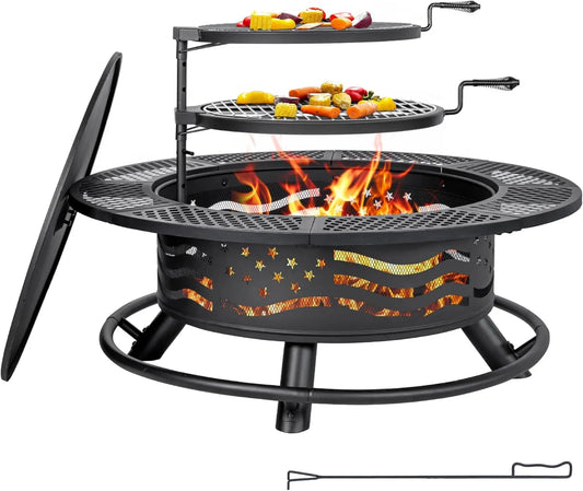 XMSJ Outdoor Fire Pit Grill With Cover And Two Grates