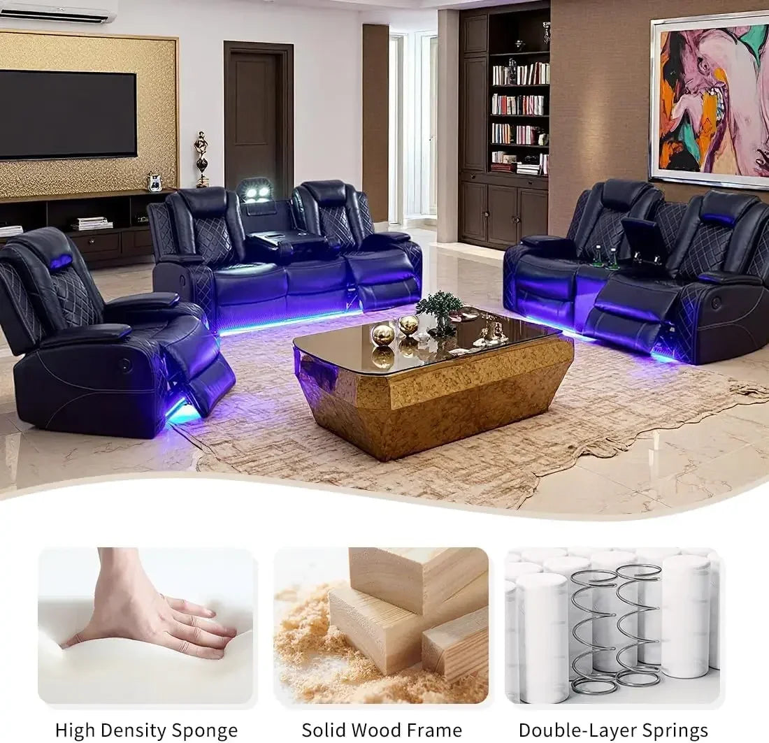Power Recliner Sofa Set 3-Piece Sectional With LED Lights