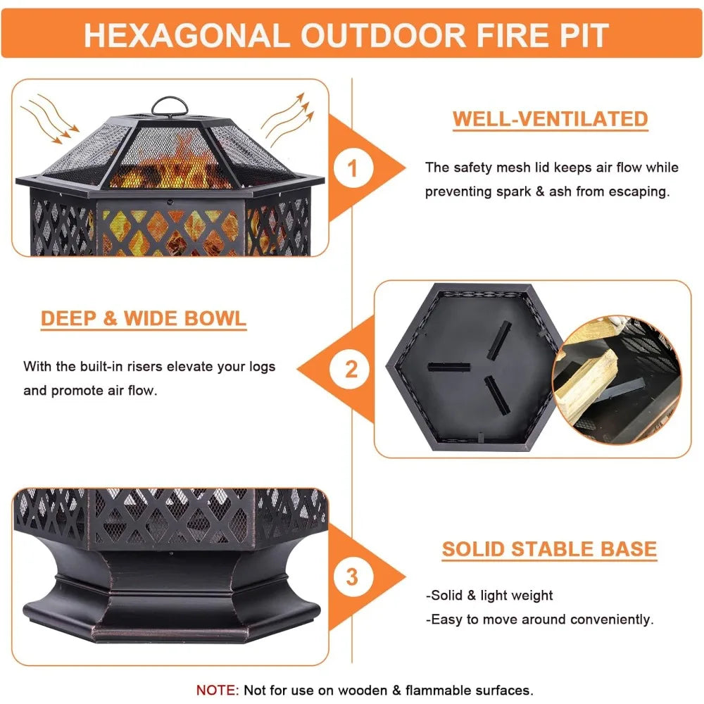 Panovue Outdoor Hexagon Wood Burning Fire Pit For Patio