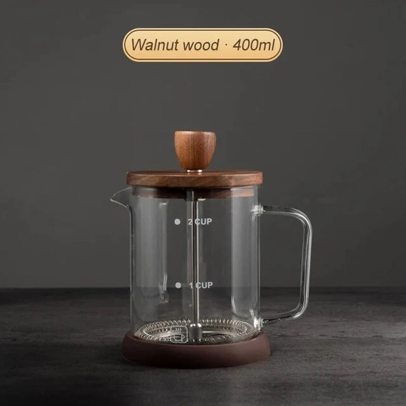 French Press Coffee Pot With Black Walnut And Borosilicate Glass