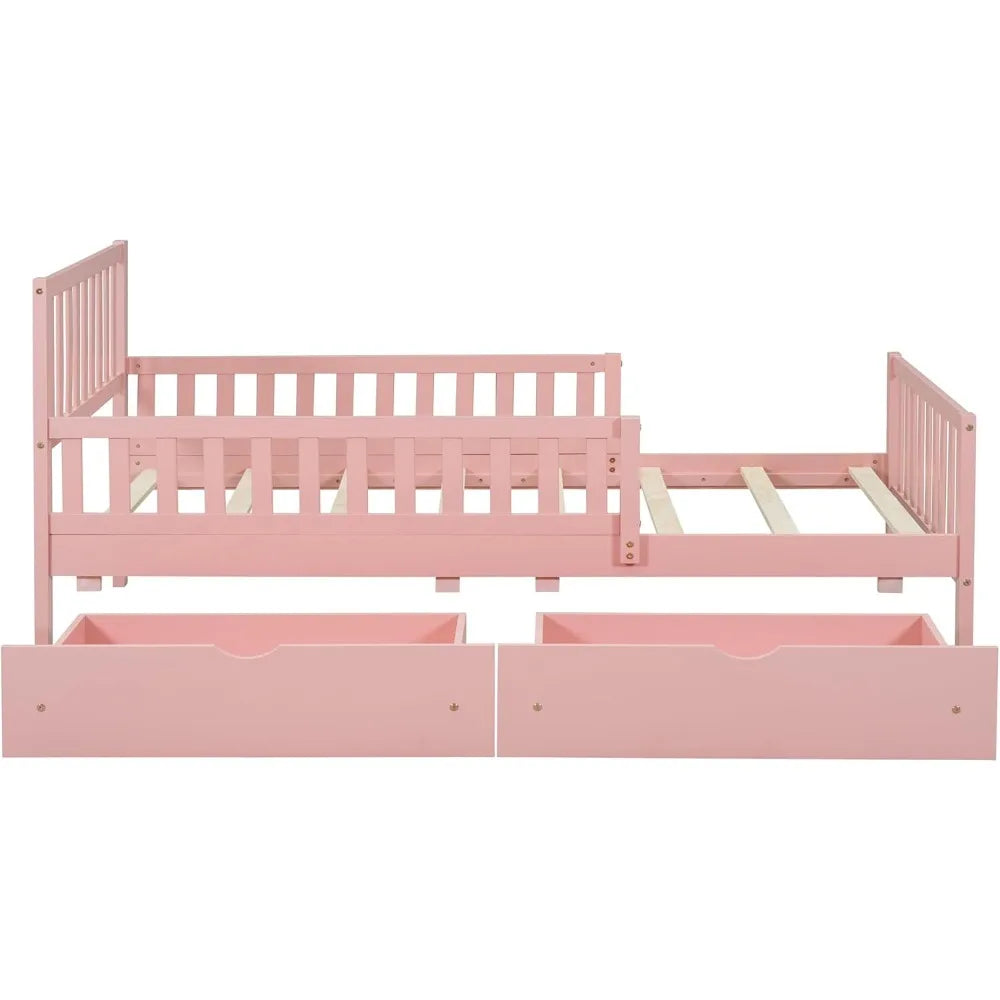 Kids Twin Bed With Guardrails Low Platform And Two Drawers