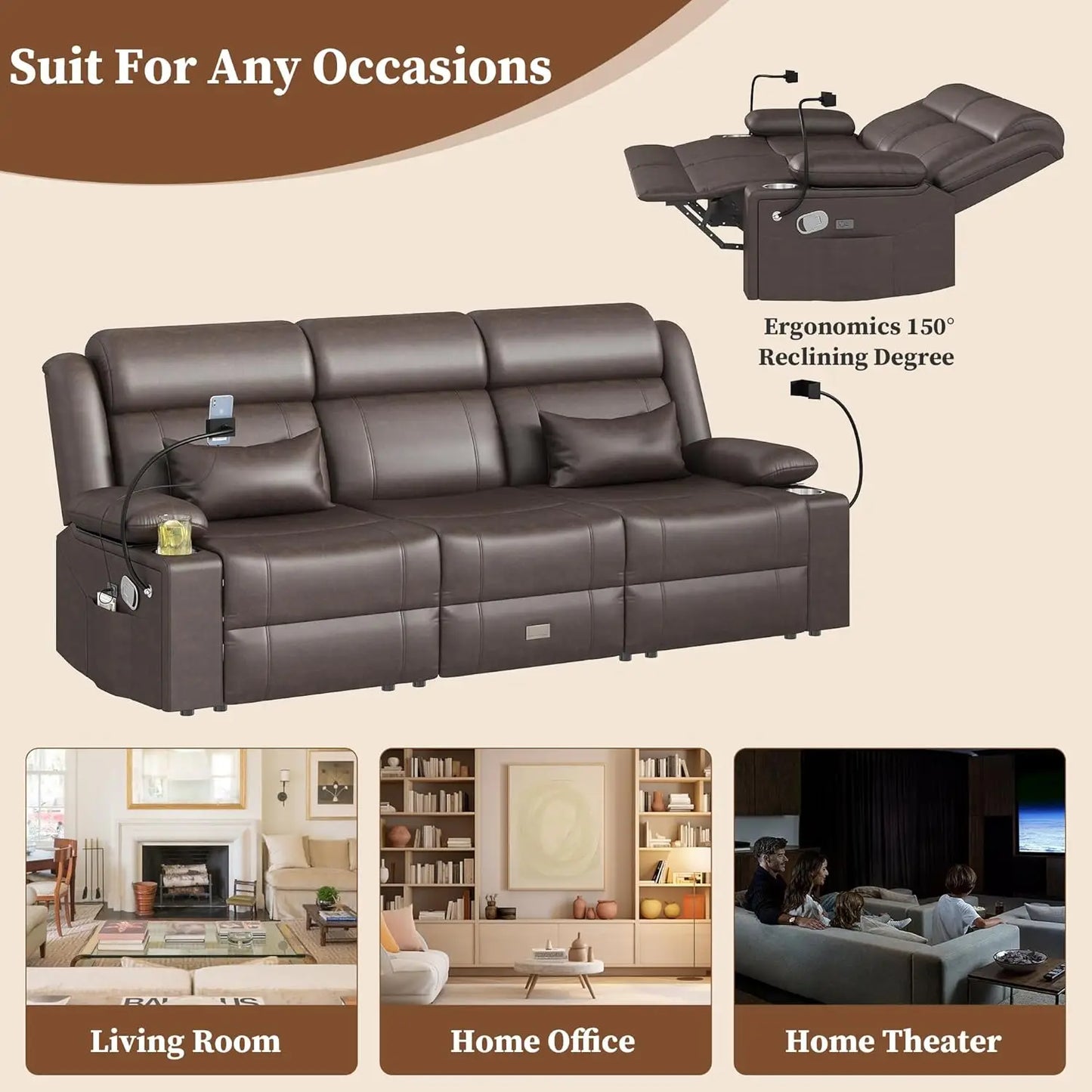 Leveleve Home Theater Seating Reclining Sofa With USB Type-C