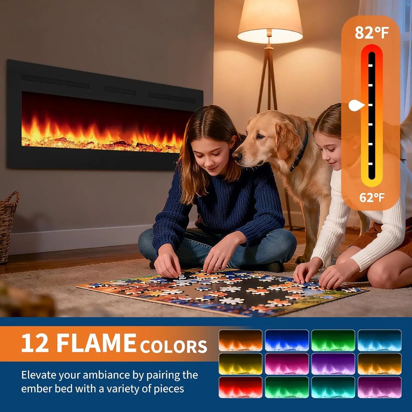 HiMISS 3D Electric Fireplace LED Flame Modes Wall Mounted Heater