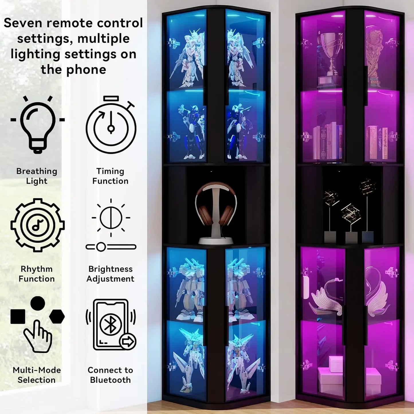 Glass Display Cabinet With Lighting Five Tier Curio For Collectibles