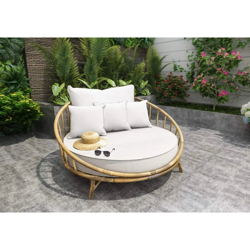 Rattan Bamboo Round Daybed Outdoor Sofa Chair With Cushions
