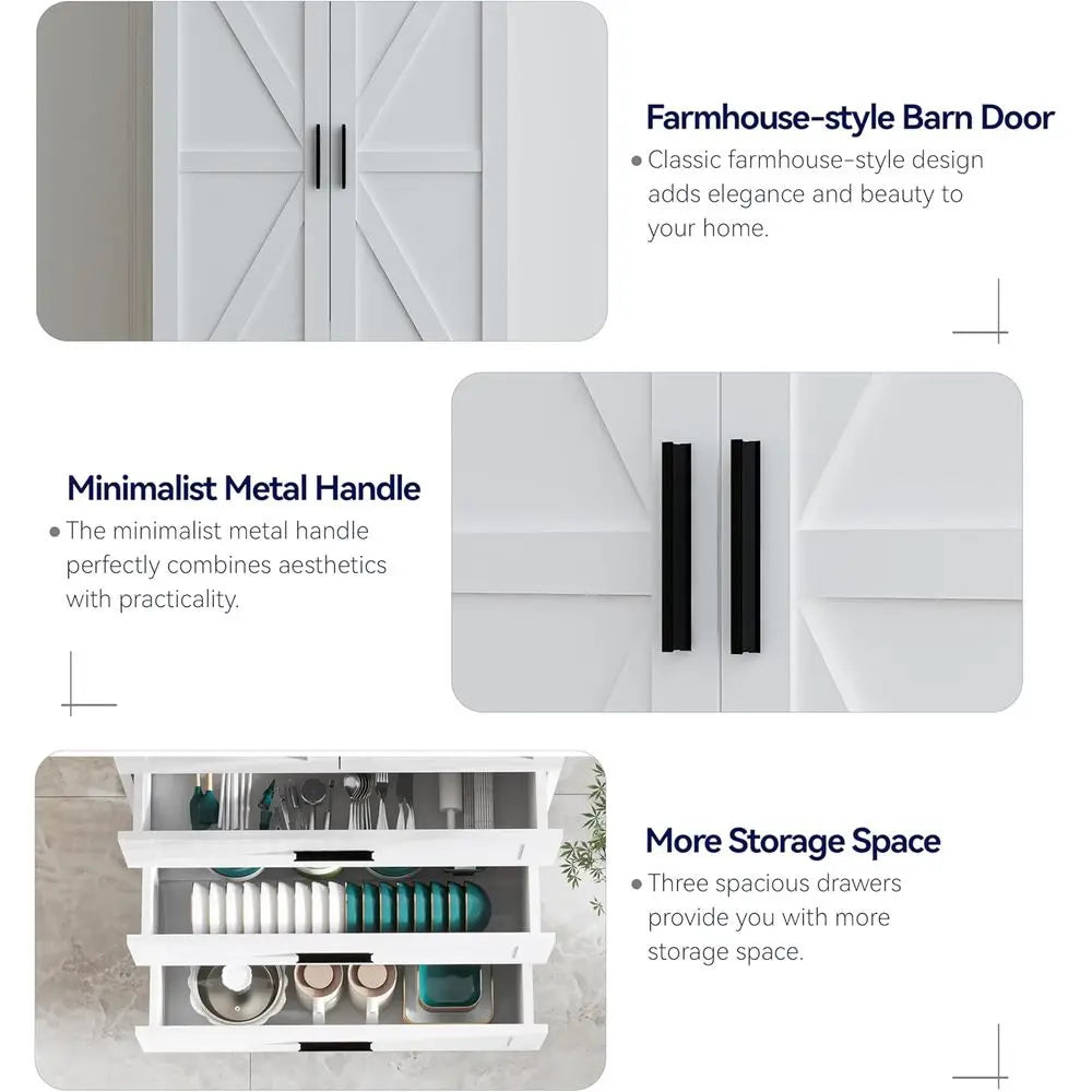 LED Kitchen Pantry Cabinet With 3 Drawers Farmhouse Barn Doors