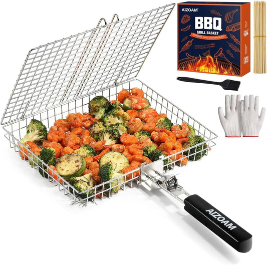 Stainless Steel Grill Basket With Removable Handle For Outdoor Cooking