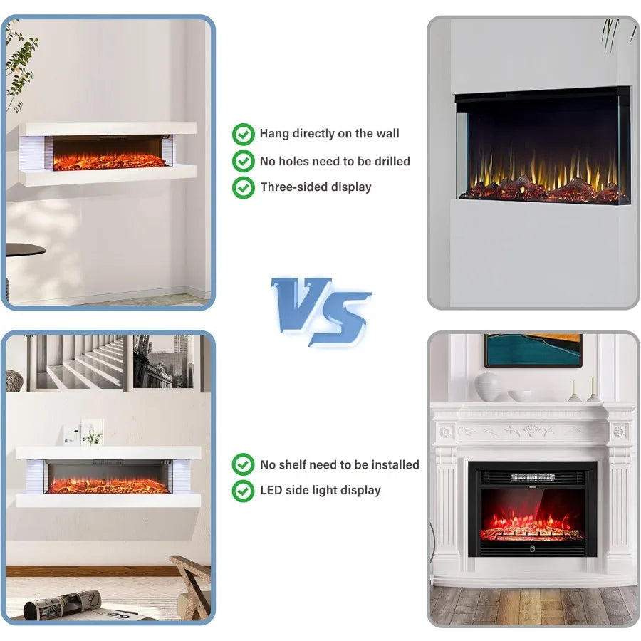 Floating Electric Fireplace Wall Mount Timer Remote Control Adjustable Flame