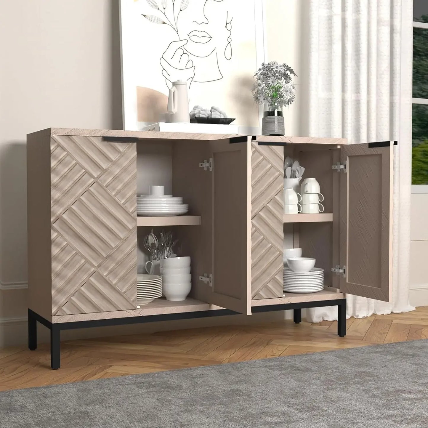 XMSJ Modern Buffet Cabinet With Doors And Shelves Storage