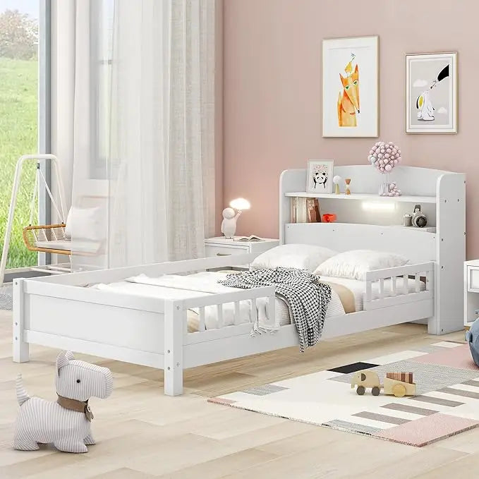 Kids Twin Bed With Guardrails Low Platform And Two Drawers