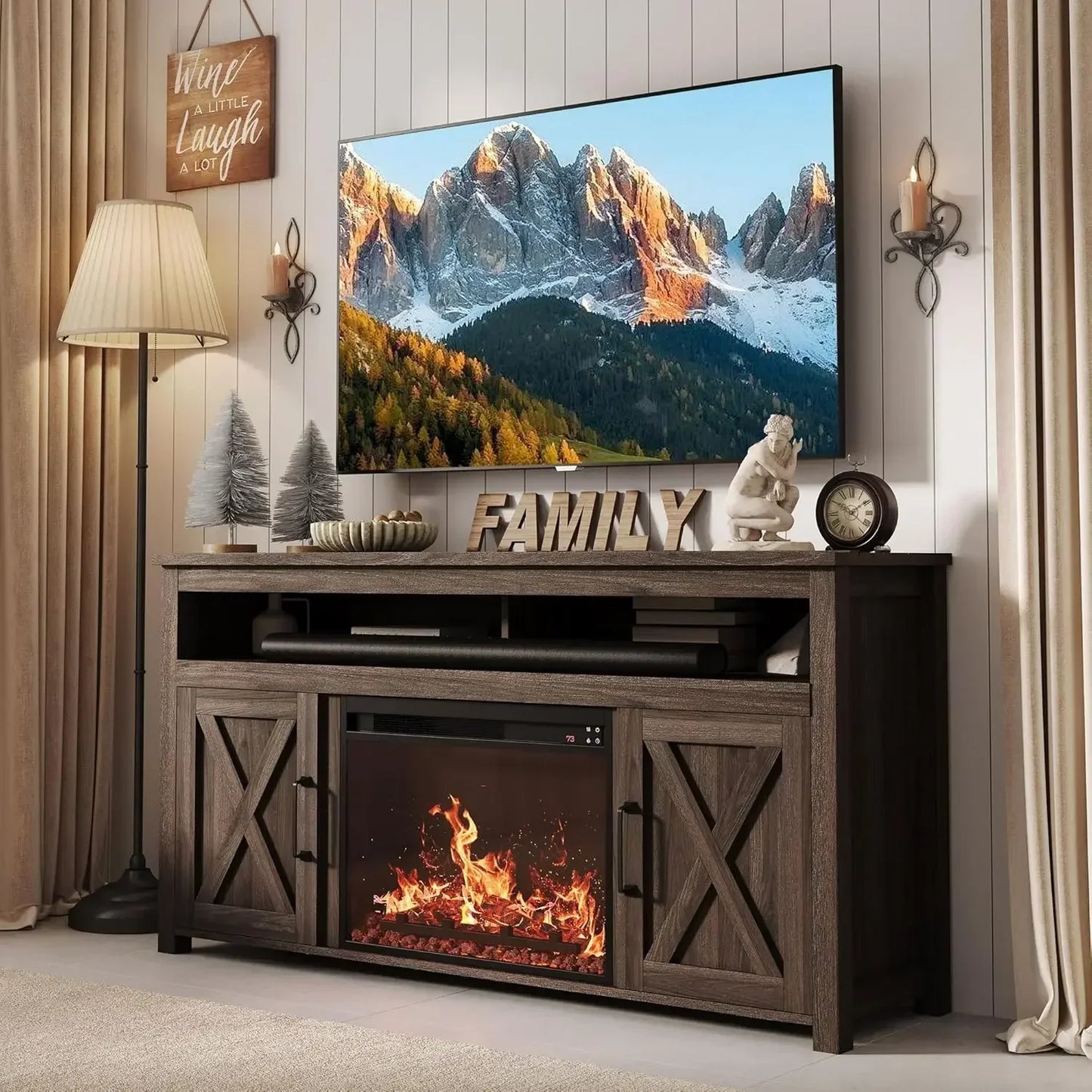 Barn Door Wood Electric Fireplace TV Stand With Open Shelves