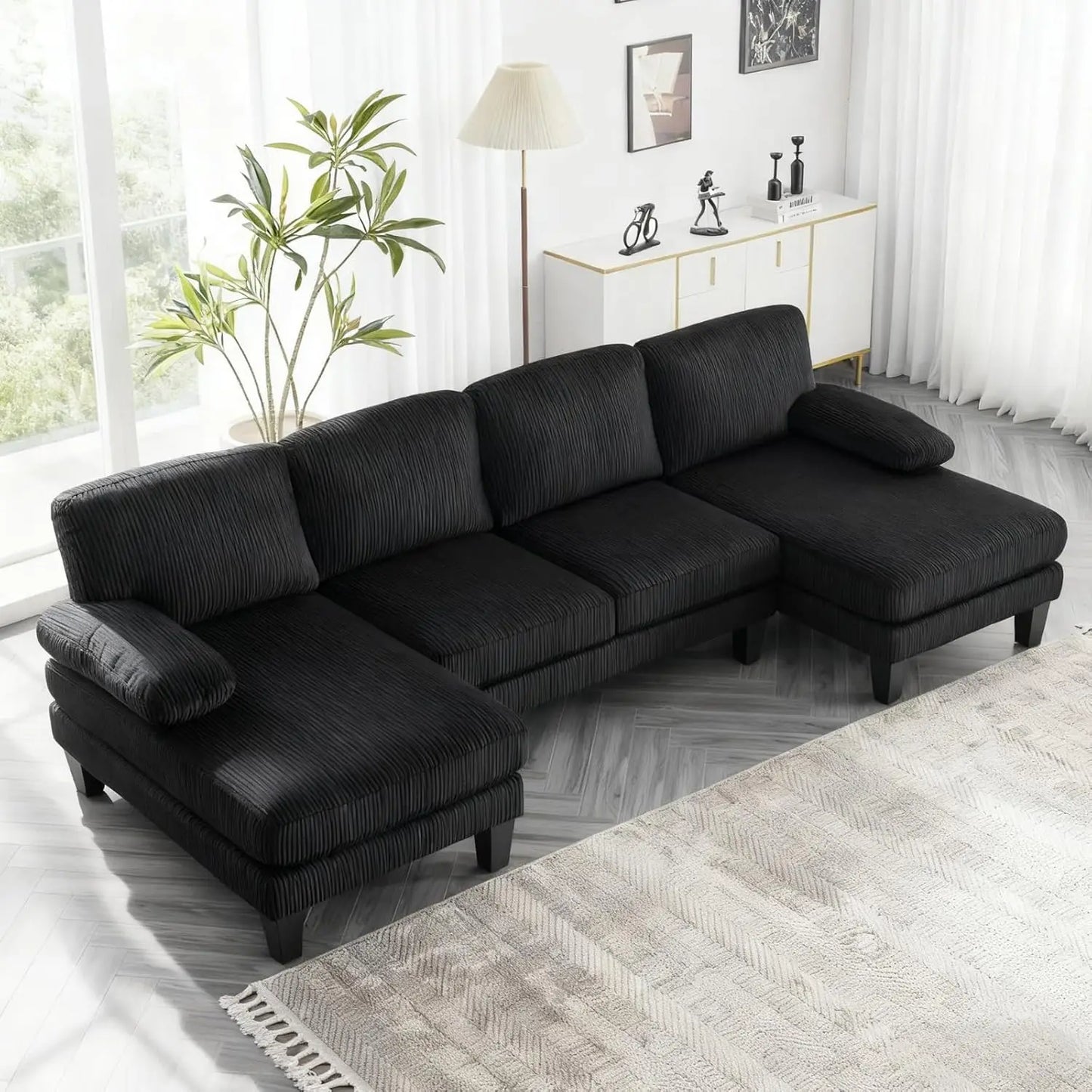 U Shaped Sectional Sofa With Chenille Upholstery And Wood Legs