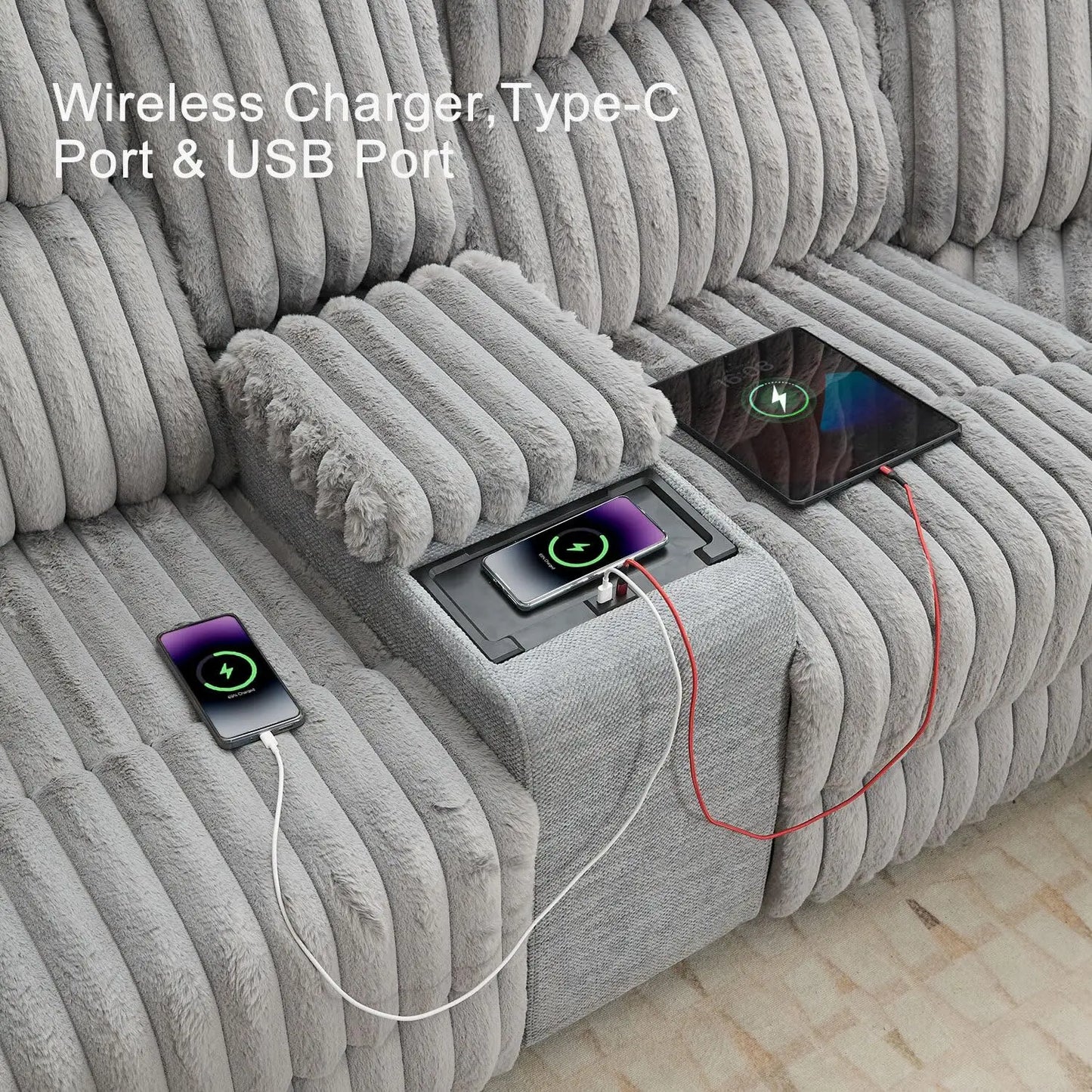 TODRANICN Power Reclining L Shaped Fuzzy Rabbit Plush 5 Seater Sofa Set