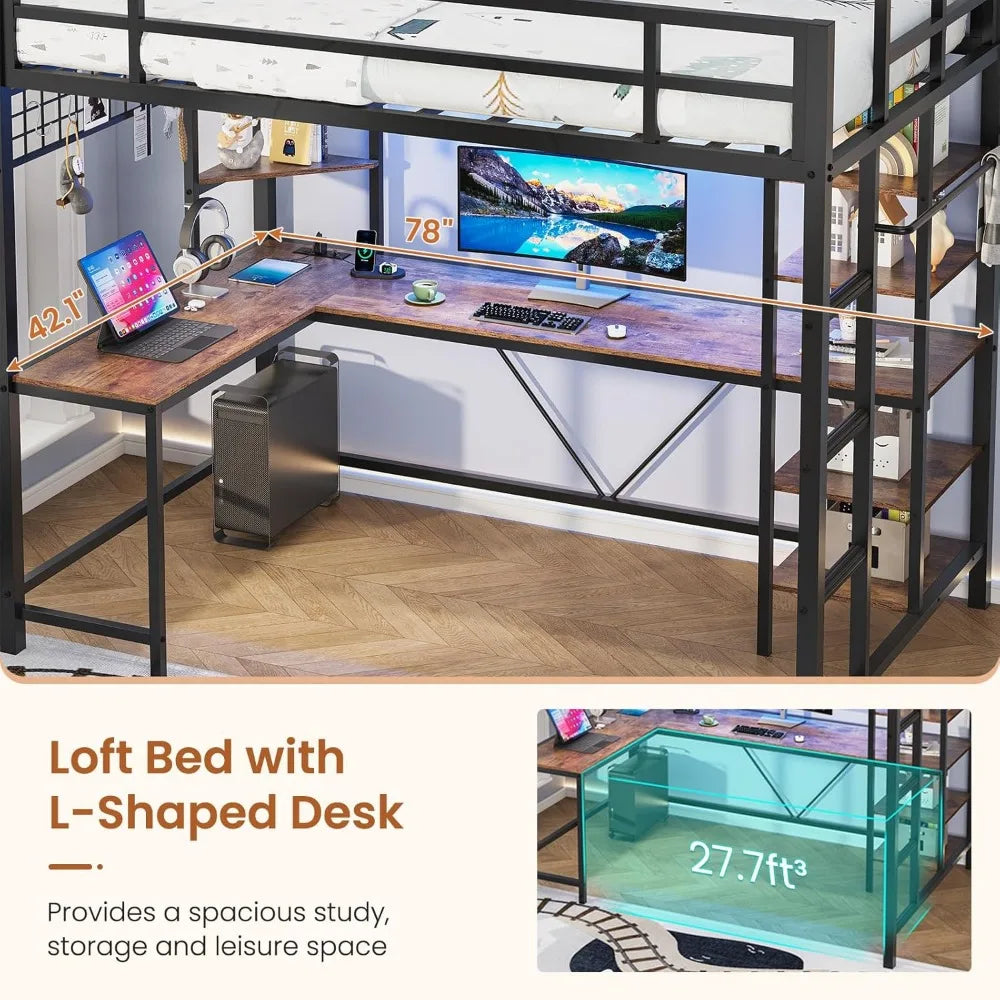 Loft Bed With L Shaped Desk Storage Shelves And Charging