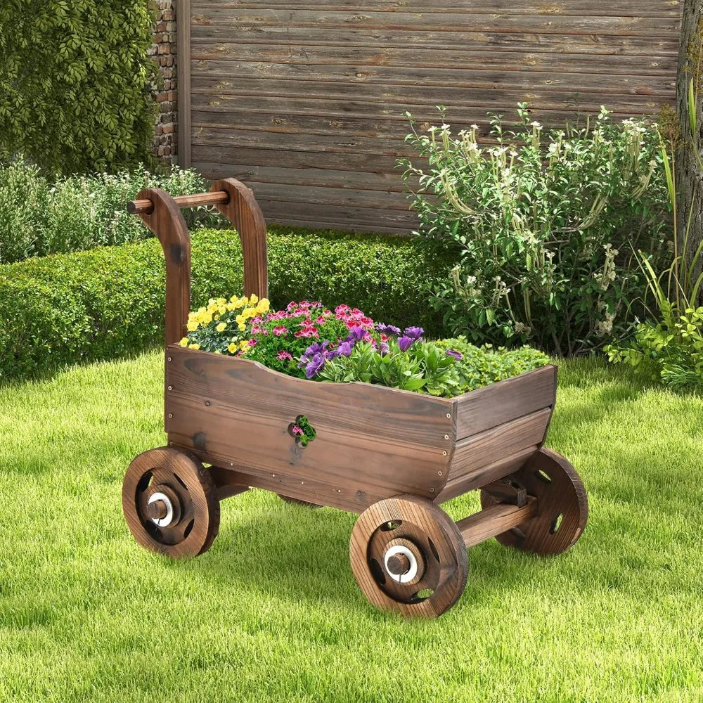 Hign Concerned Wagon Flower Planter Cart Rustic Wood Stand