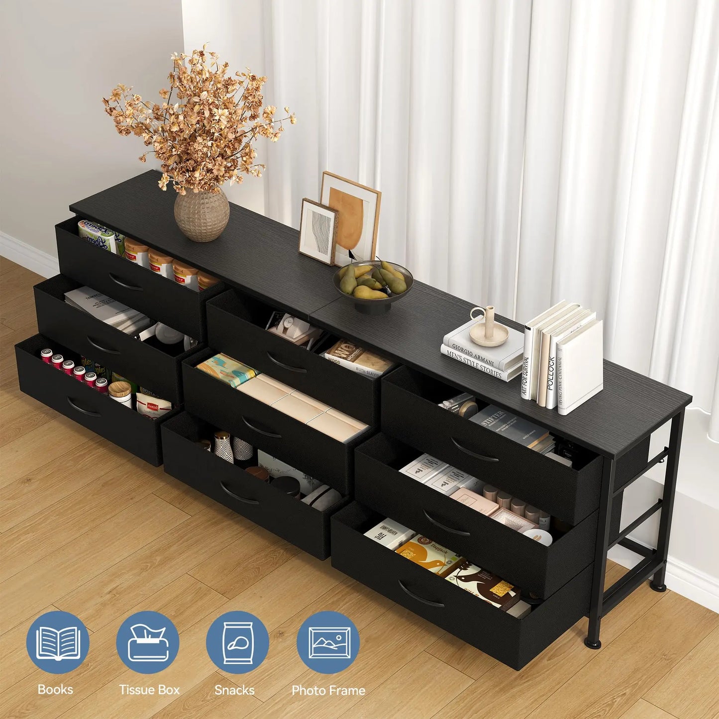 JHK Living Room Cabinet Entertainment Center With 9 Fabric Drawers