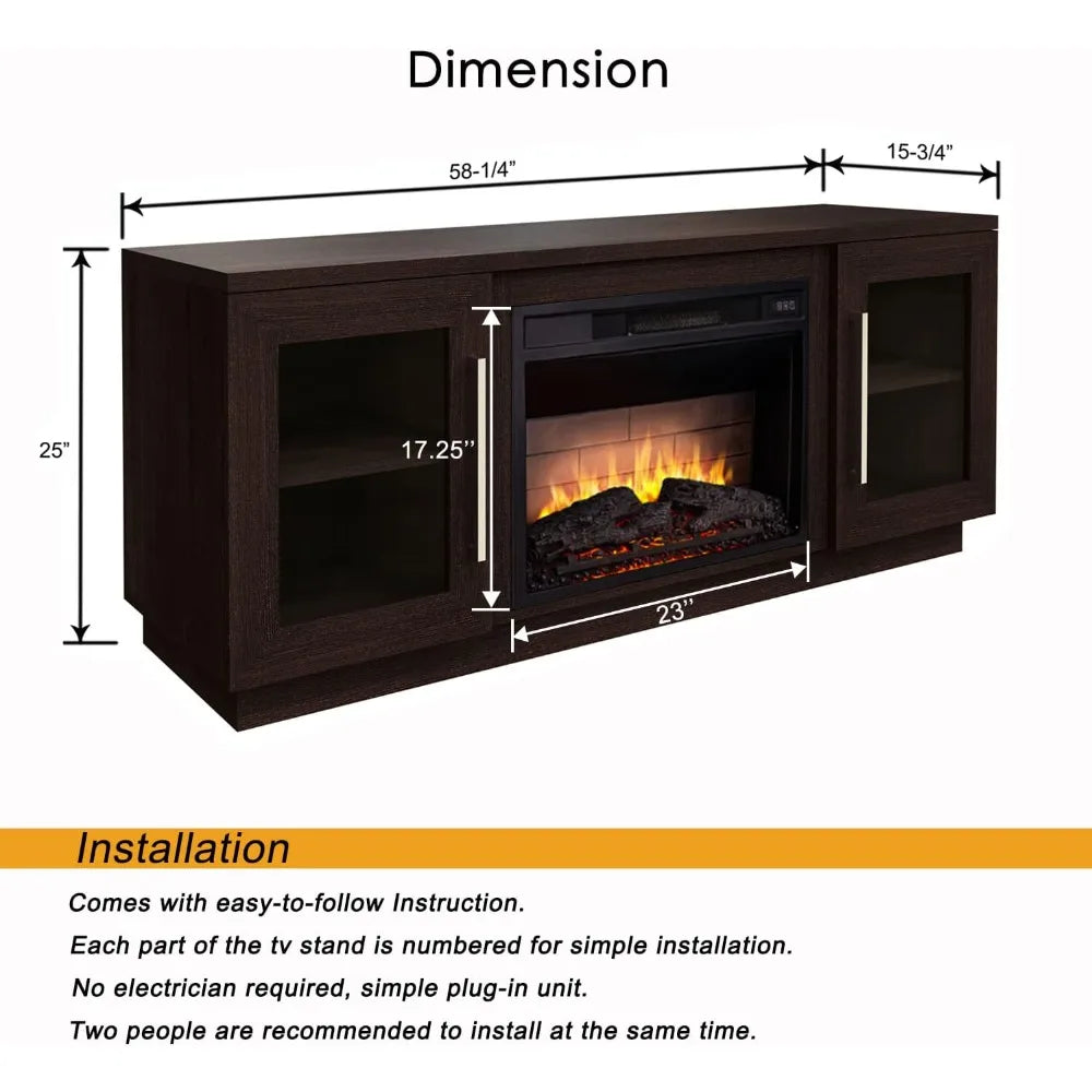 3D Fireplace TV Stand Wooden Media Center With Shelves