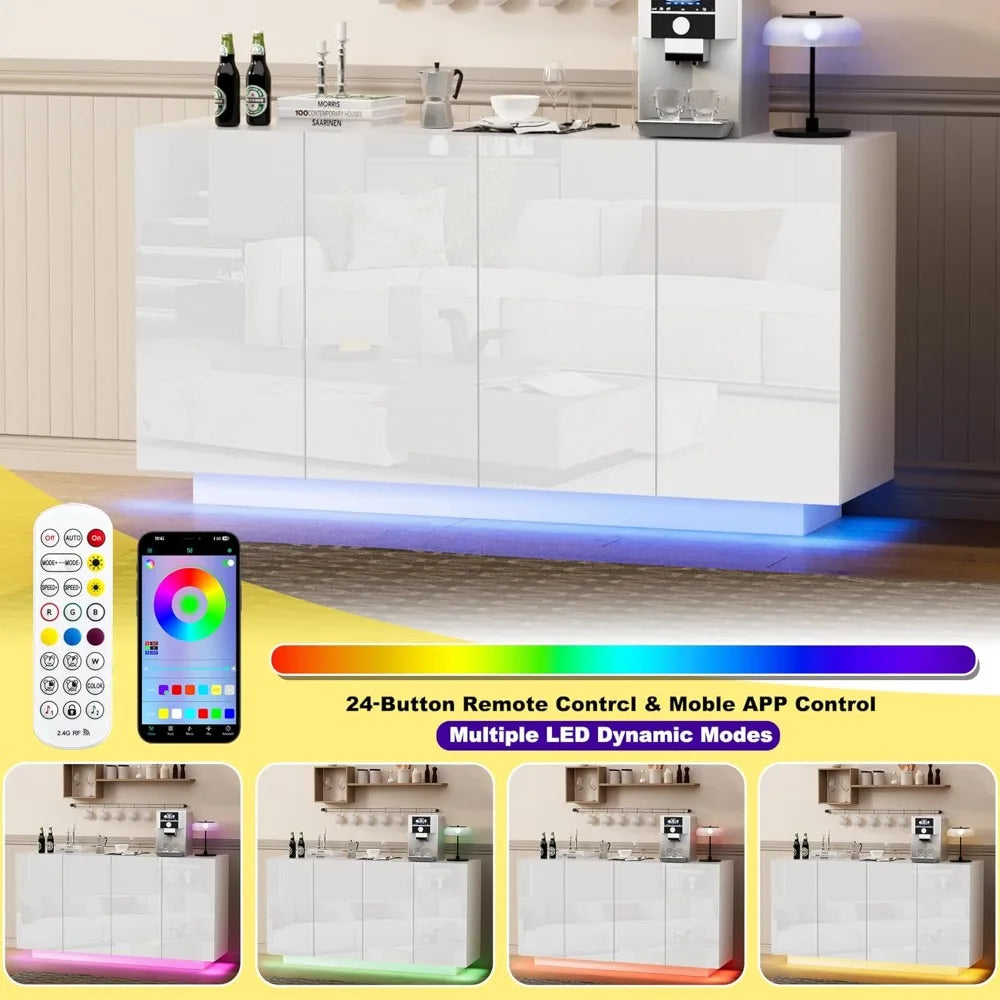 LED Illuminated Sideboard With Charging Station White Wood Dining Cabinet