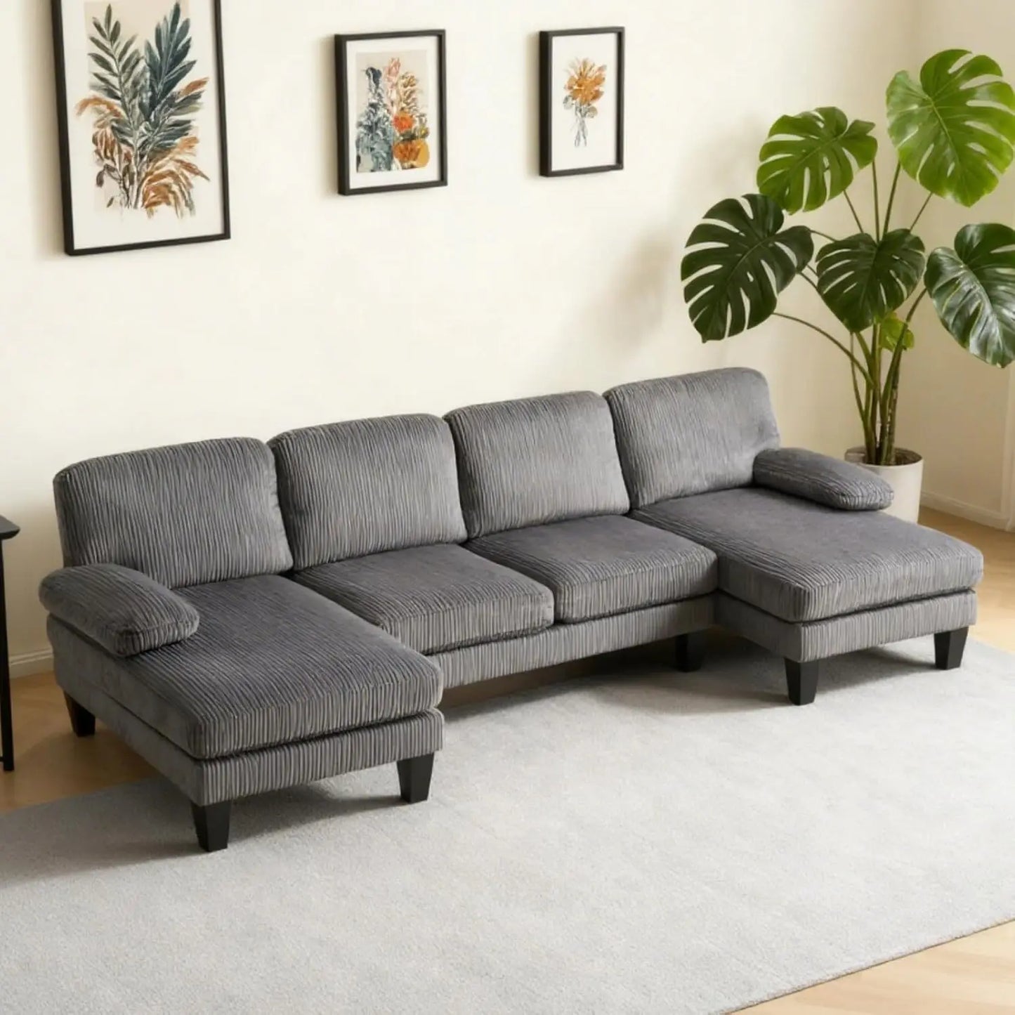 U Shaped Sectional Sofa With Chenille Upholstery And Wood Legs