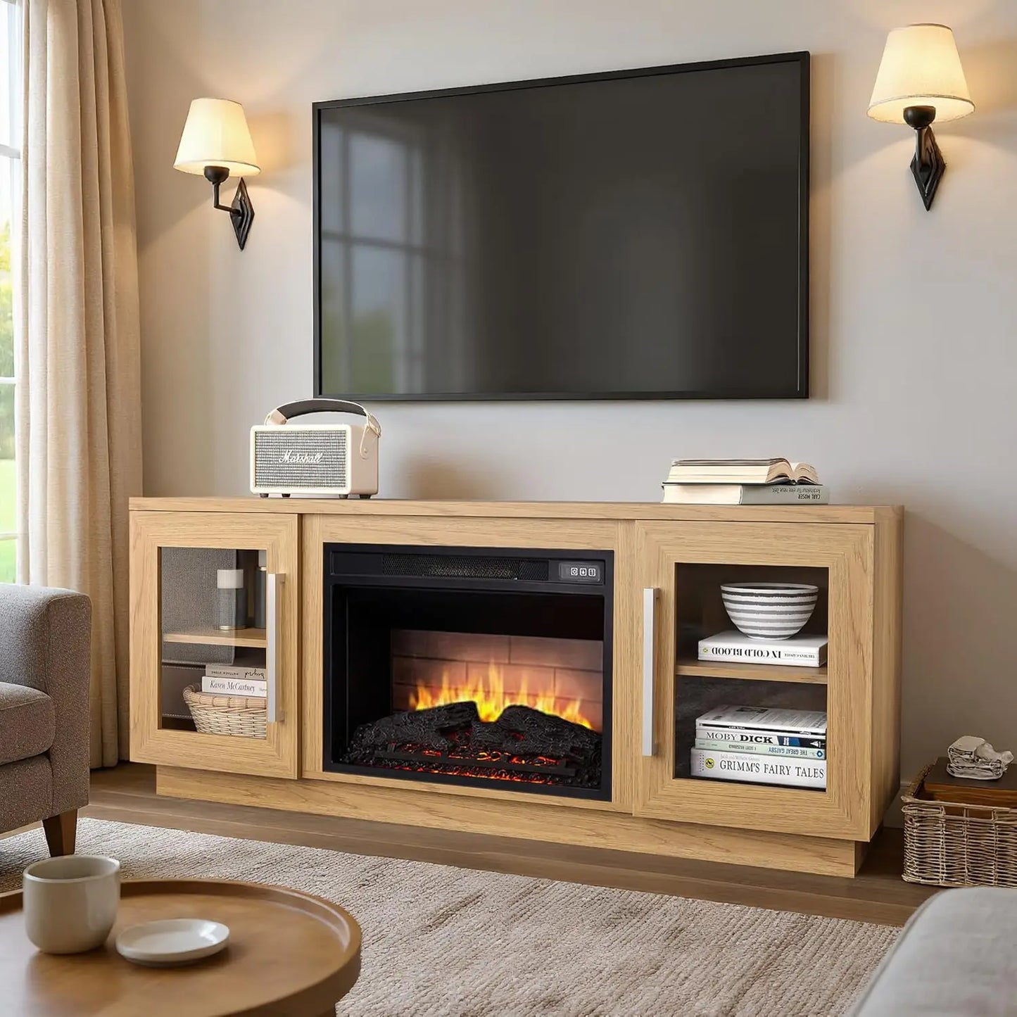 3D Fireplace TV Stand Wooden Media Center With Shelves
