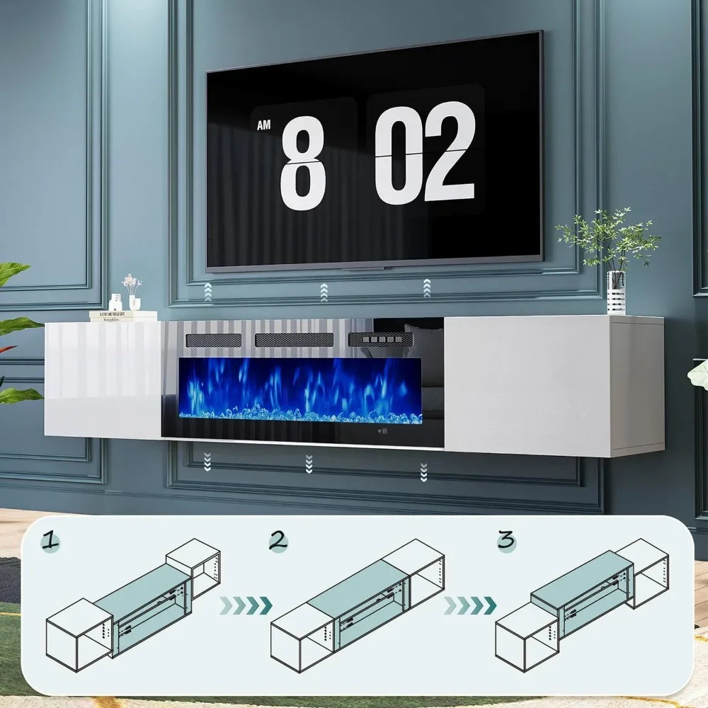 Wall Mounted Floating TV Stand With Electric Fireplace Entertainment Center