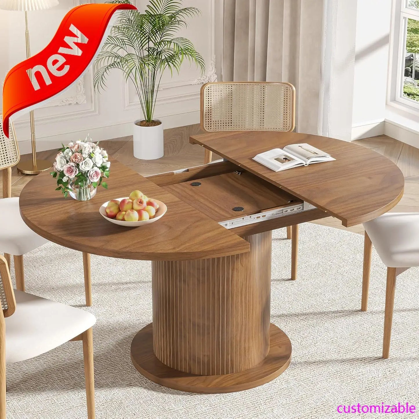 XMSJ Round Dining Table For 6 With Wood Strip Base