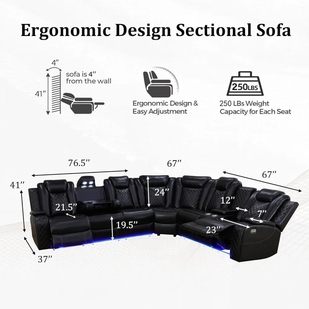 XMSJ Power Recliner Sectional Sofa With LED Lights USB Ports