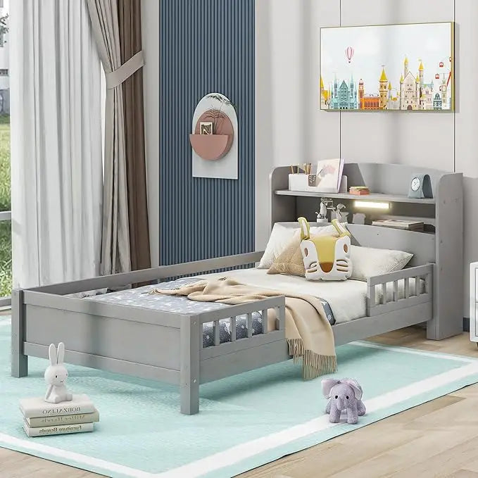Kids Twin Bed With Guardrails Low Platform And Two Drawers