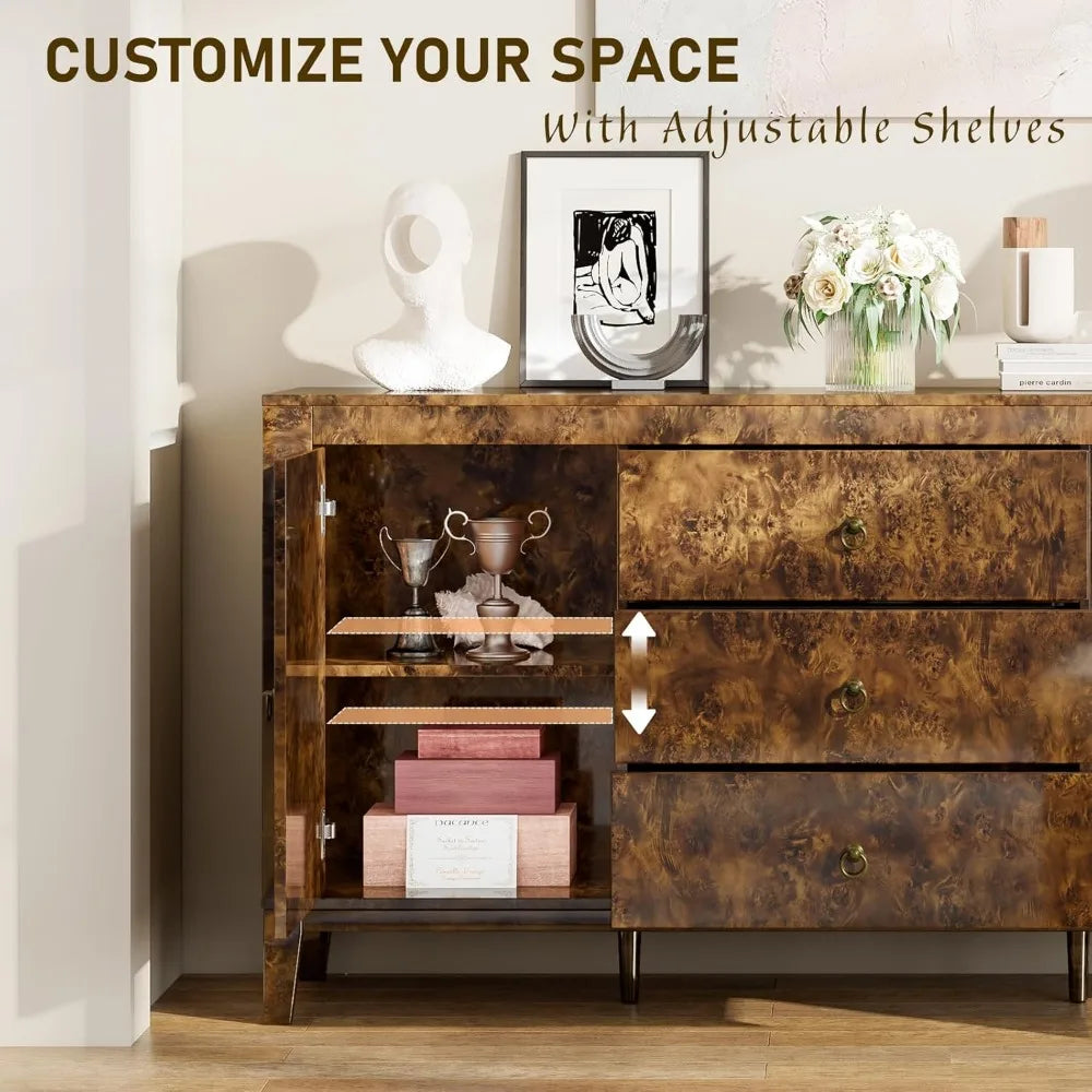 Mid Century Burl Wood Buffet Sideboard With Three Drawers