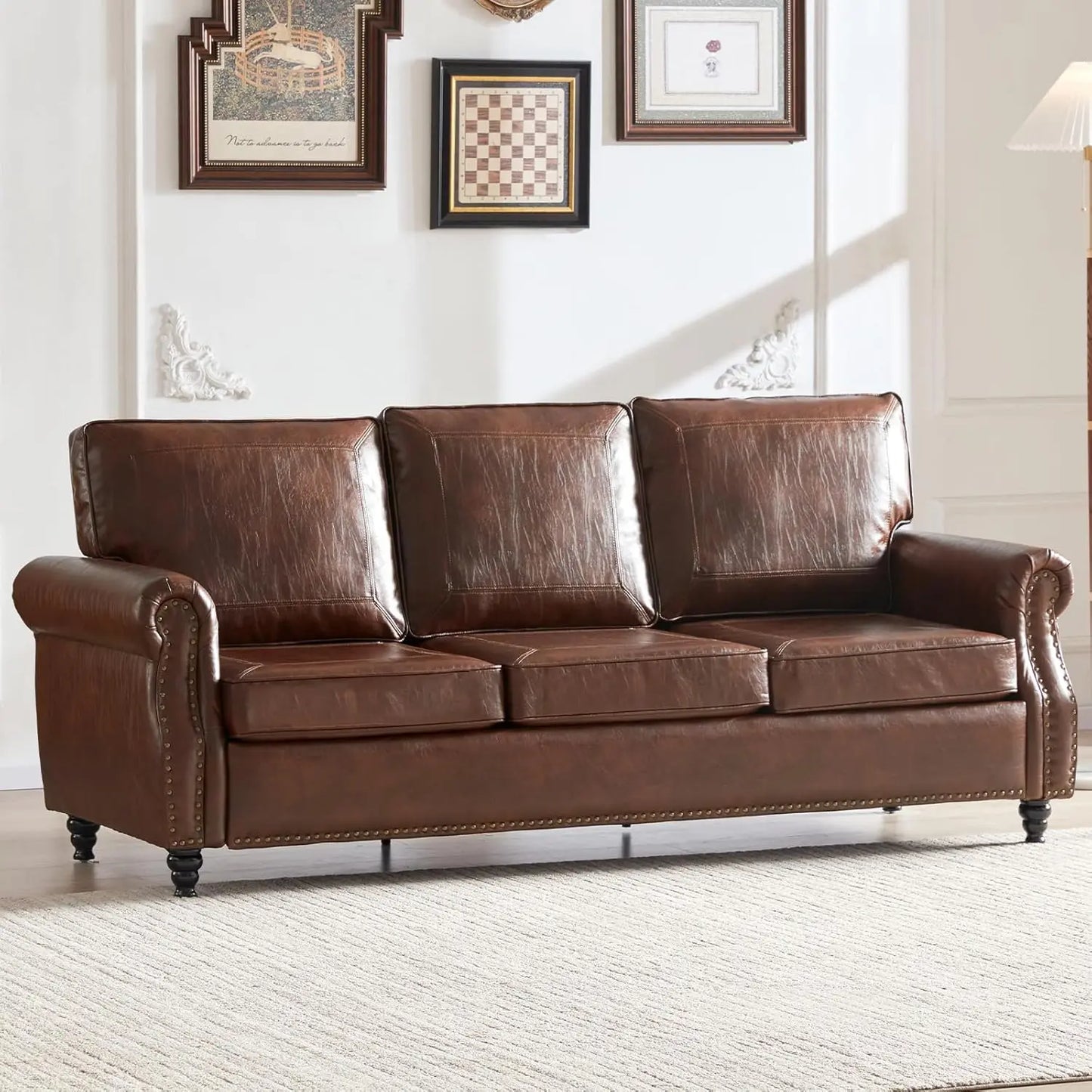 ZHUXIANG Faux Leather Sofa Modern Mid Century Living Room Couch