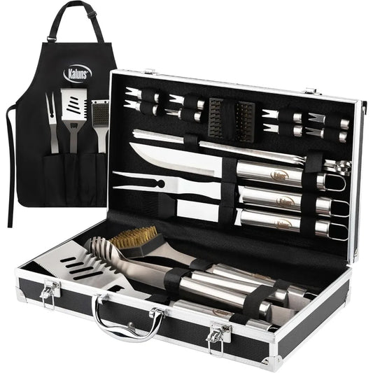 Heavy Duty Stainless Steel BBQ Grill Tools Set With Aluminum Case And Apron