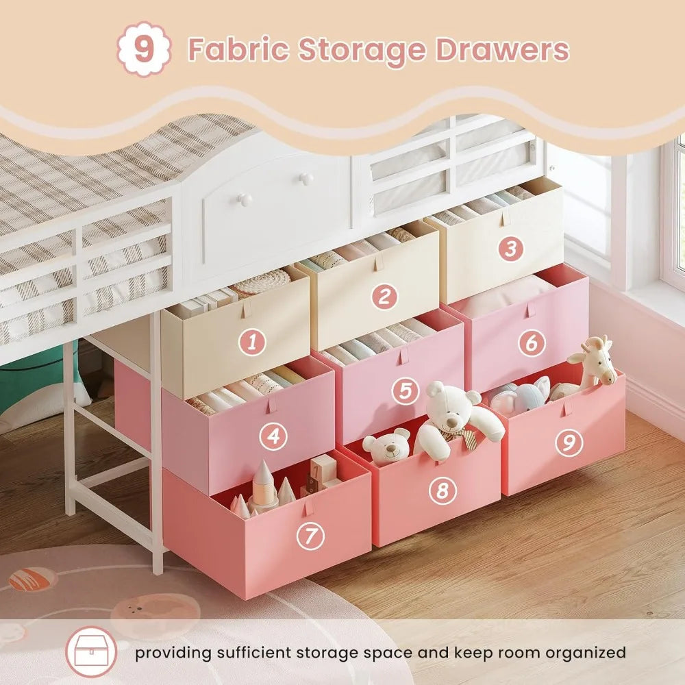 Loft Bed With Drawers, LED Lights, Metal Frame, Staircase Storage