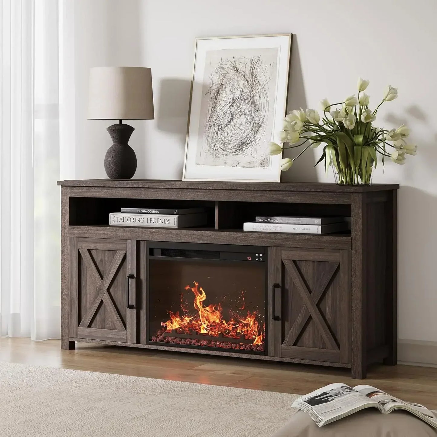 Barn Door Wood Electric Fireplace TV Stand With Open Shelves