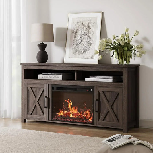 Barn Door Wood Electric Fireplace TV Stand With Open Shelves