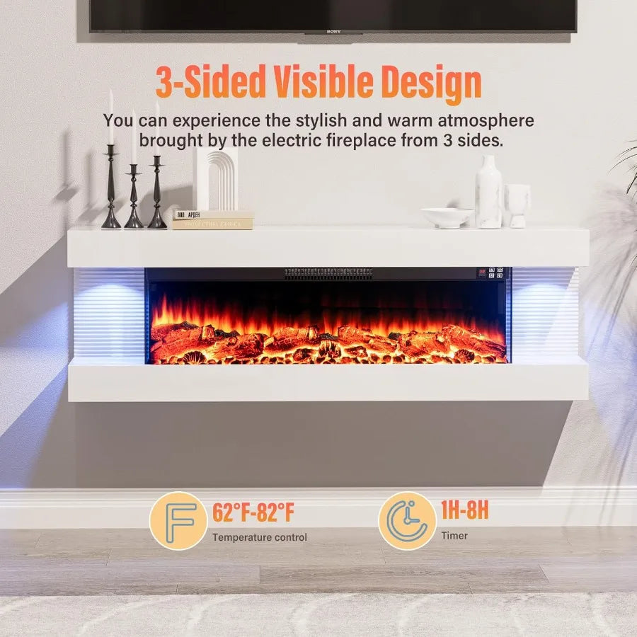 Floating Electric Fireplace Wall Mount Timer Remote Control Adjustable Flame