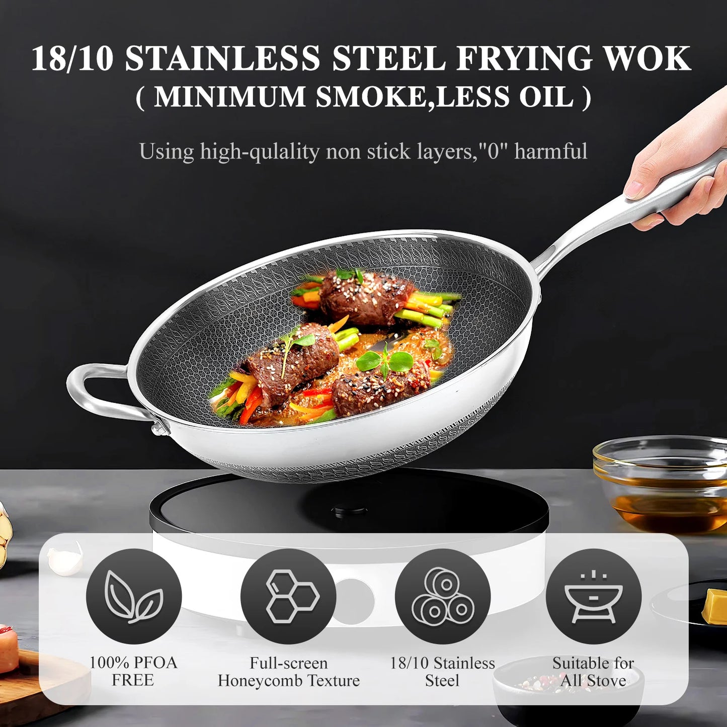 Hybrid Wok Pan With Lid PFOA Free Stainless Steel Nonstick